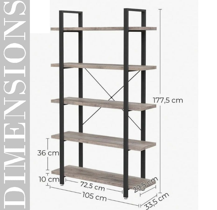 5-Tier Industrial Bookshelf Freestanding Storage Rack Display Unit for Living Room Office