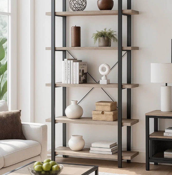 5-Tier Industrial Bookshelf Freestanding Storage Rack Display Unit for Living Room Office