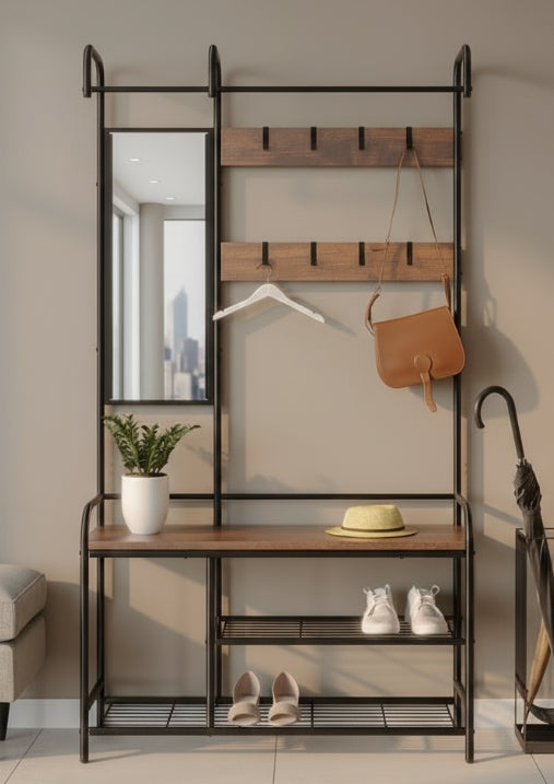 Entryway Coat Hanger Stand with Shoe Bench & Mirror Black Rustic Oak Hallway Storage Unit