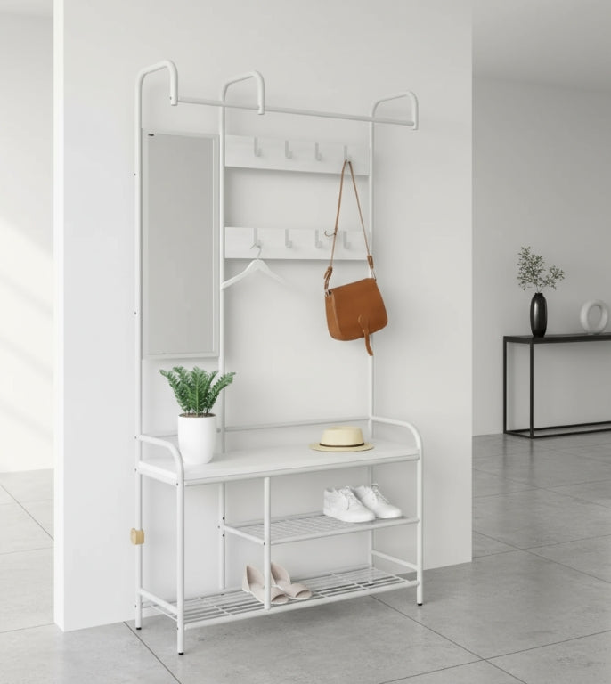 Entryway Coat Hanger Stand with Shoe Bench & Mirror Black Rustic Oak Hallway Storage Unit