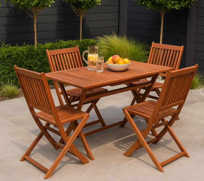 Wooden outdoor dining set with table and chairs on a patio.