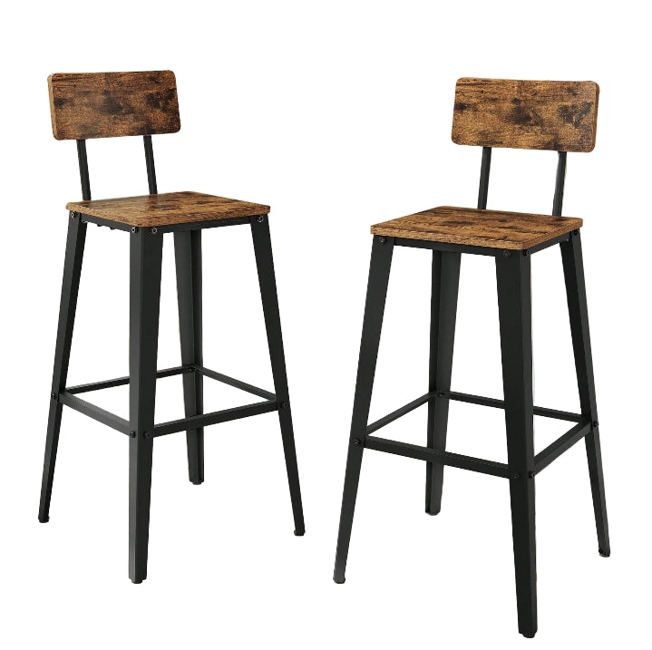 Bar Stool Set of 2 Rustic Brown & Black Industrial Kitchen Chairs with Backrest & Footrest