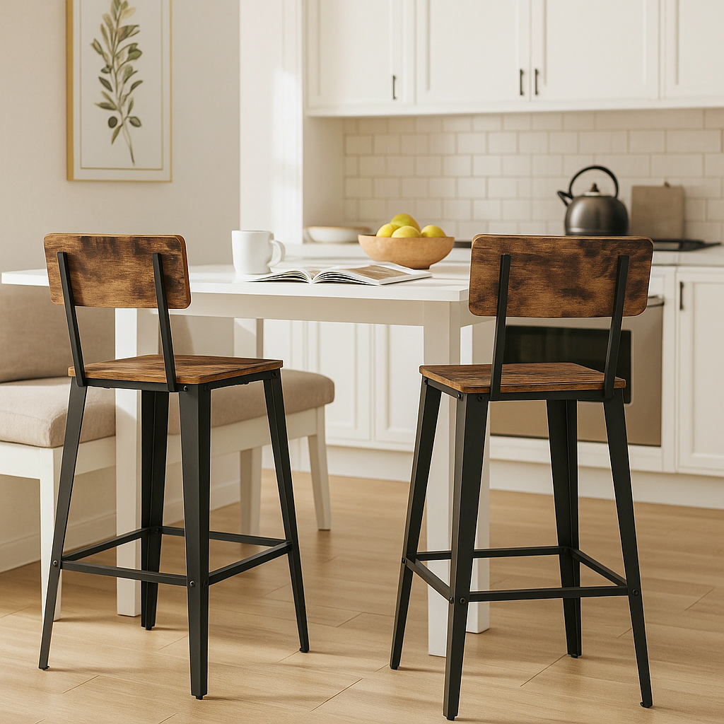 Bar Stool Set of 2 Rustic Brown & Black Industrial Kitchen Chairs with Backrest & Footrest