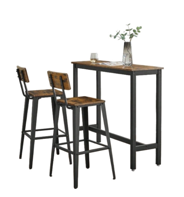 Bar Stool Set of 2 Rustic Brown & Black Industrial Kitchen Chairs with Backrest & Footrest