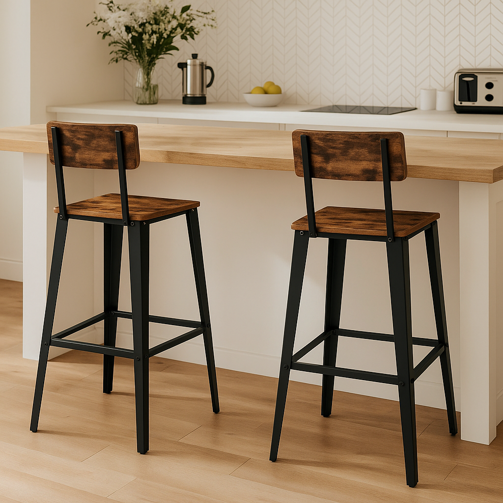 Bar Stool Set of 2 Rustic Brown & Black Industrial Kitchen Chairs with Backrest & Footrest