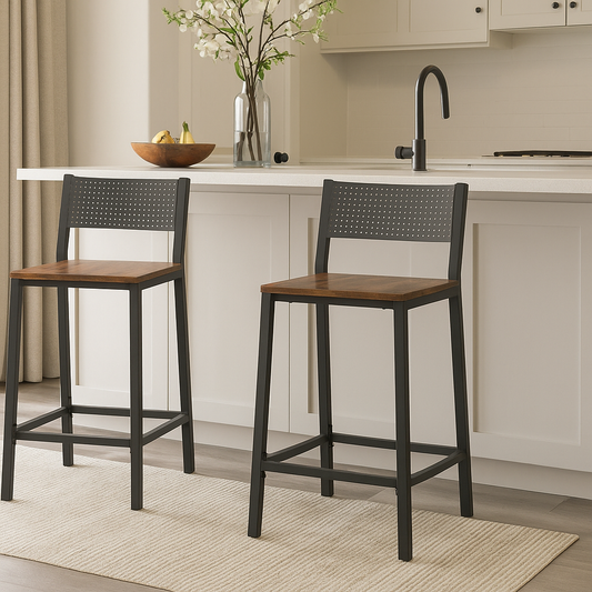 Two bar stools with wooden seats and black metal frames in a kitchen setting.