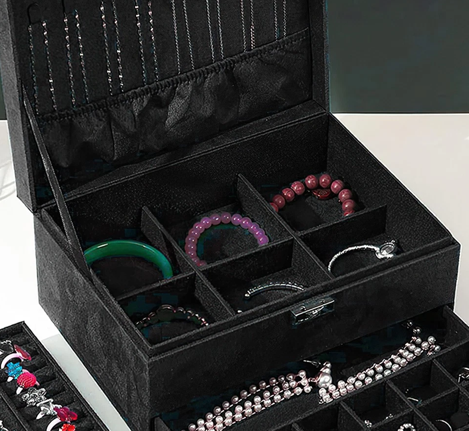 3-Layer Black Jewellery Box with Lock, Drawer Organizer for Rings, Earrings & Necklaces