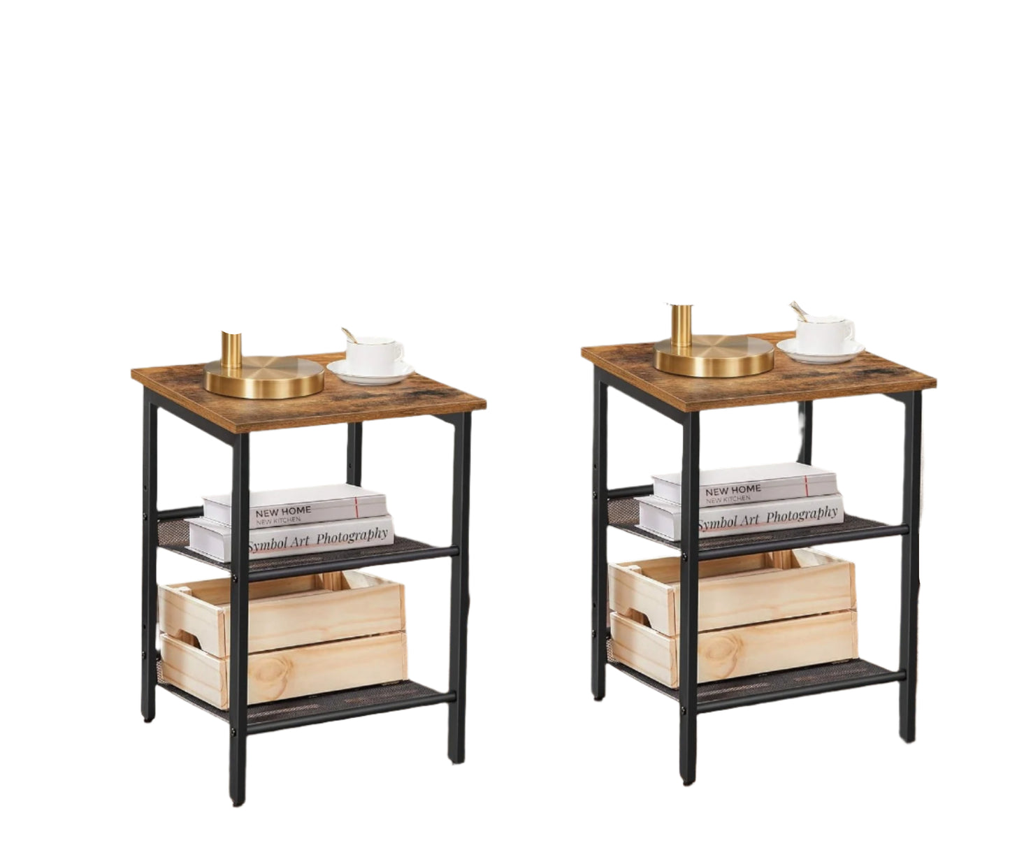 Set of 2 Industrial Side Tables – Rustic Brown & Black Nightstands with Adjustable Mesh Shelves
