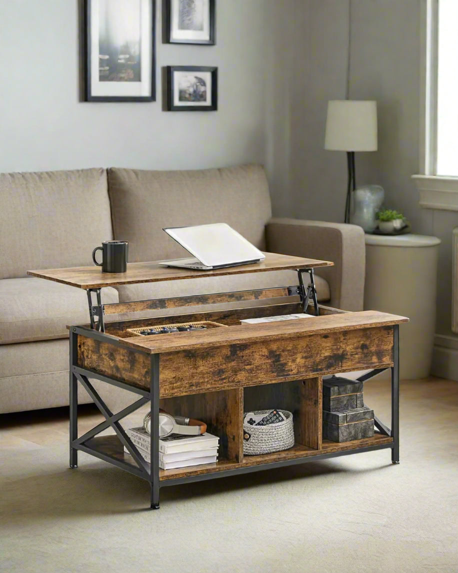 lift-top coffee table in rustic brown with black steel legs, adjustable height and storage compartments – modern industrial design