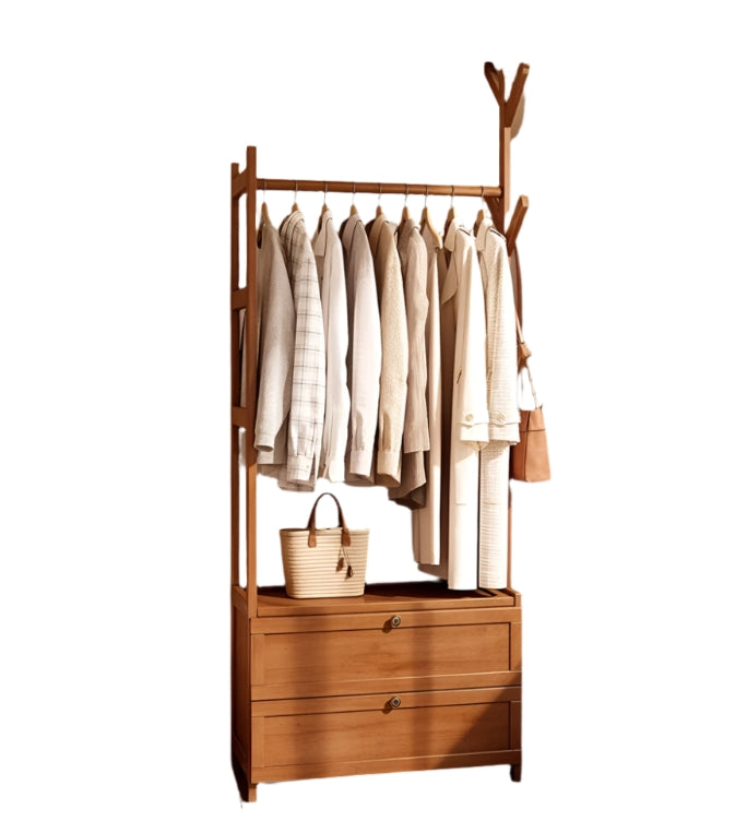 Heavy Duty Bamboo Clothes Rail Rack with Drawers & Hooks – Open Corner Garment Stand Wardrobe