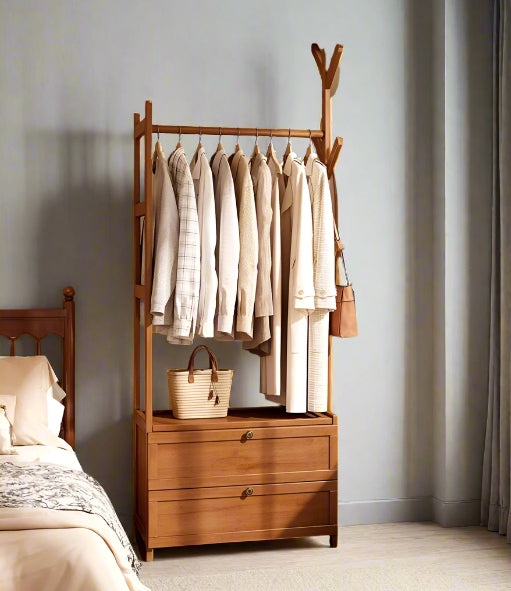 Heavy Duty Bamboo Clothes Rail Rack with Drawers & Hooks – Open Corner Garment Stand Wardrobe