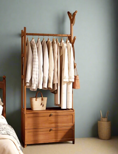 Heavy Duty Bamboo Clothes Rail Rack with Drawers & Hooks – Open Corner Garment Stand Wardrobe
