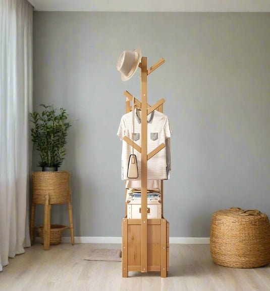 Heavy Duty Bamboo Clothes Rail Rack with Drawers & Hooks – Open Corner Garment Stand Wardrobe