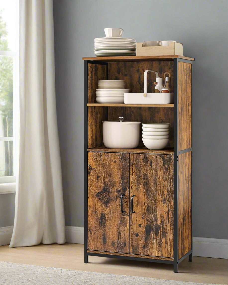 Freestanding rustic brown and black storage cabinet with open shelves and closed cupboard, industrial style for home or office