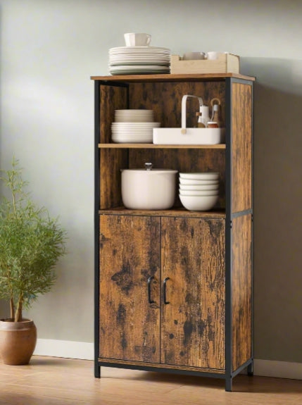 Freestanding Storage Cabinet with Adjustable Shelf – Rustic Brown & Black Bookcase