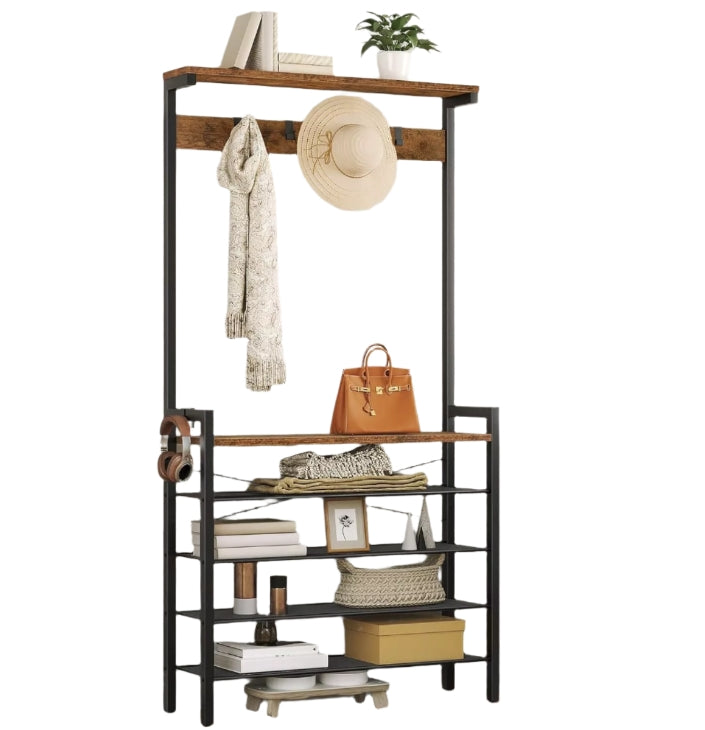 Entryway Coat Rack Stand with Shoe Storage Shelves – Industrial Hallway Organiser