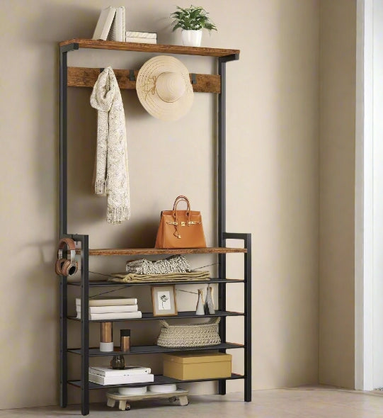 Entryway Coat Rack Stand with Shoe Storage Shelves – Industrial Hallway Organiser