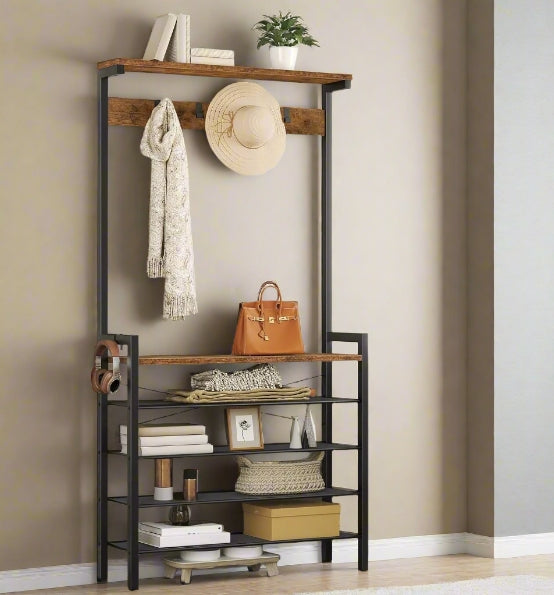 Entryway Coat Rack Stand with Shoe Storage Shelves – Industrial Hallway Organiser