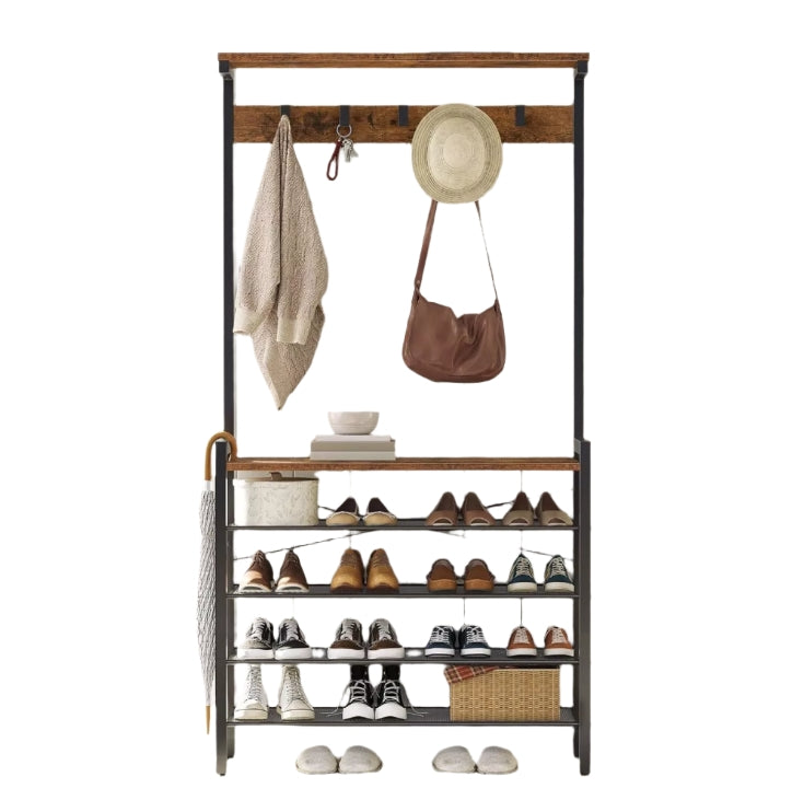 Entryway Coat Rack Stand with Shoe Storage Shelves – Industrial Hallway Organiser