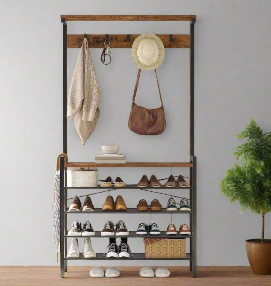Entryway Coat Rack Stand with Shoe Storage Shelves – Industrial Hallway Organiser