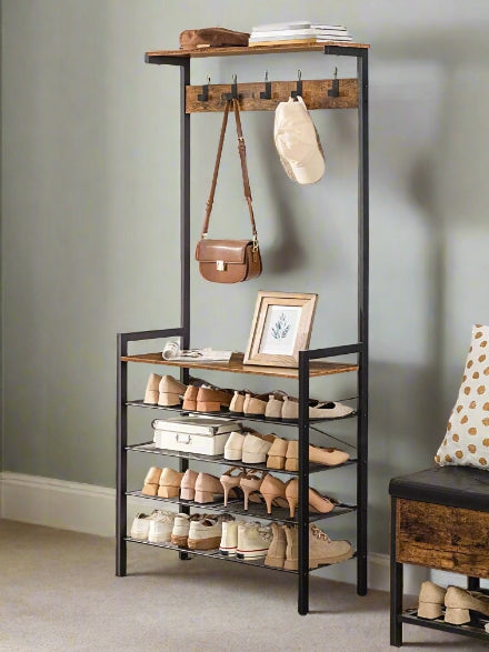 Entryway Coat Rack Stand with Shoe Storage Shelves – Industrial Hallway Organiser
