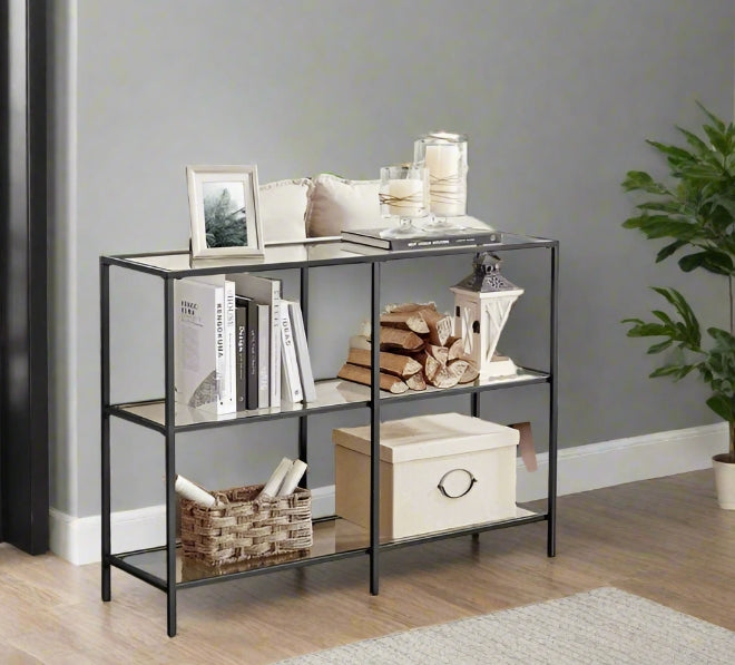 Modern 3-Tier Console Table with Tempered Glass Shelves & Black Steel Frame – 100 x 30 x 73 cm
