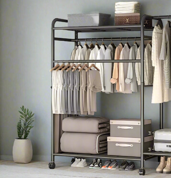 Heavy Duty Double Clothes Rail Rack with Wheels & Storage Shelves
