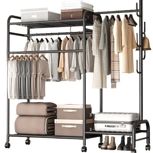 Heavy Duty Double Clothes Rail Rack with Wheels & Storage Shelves