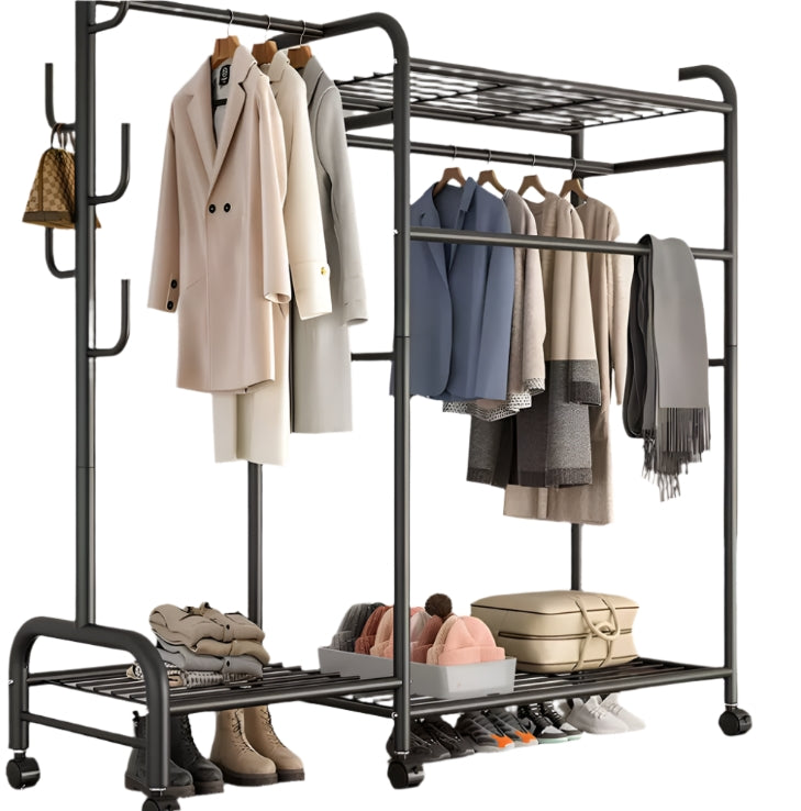 Heavy Duty Double Clothes Rail Rack with Wheels & Storage Shelves