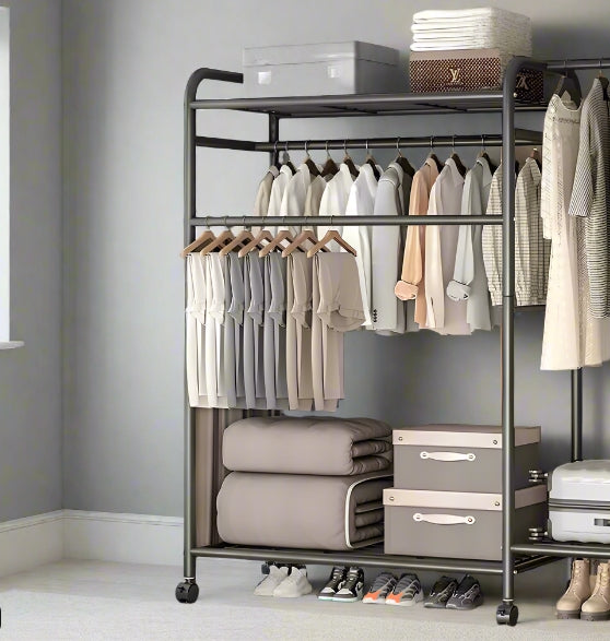 Heavy Duty Double Clothes Rail Rack with Wheels & Storage Shelves