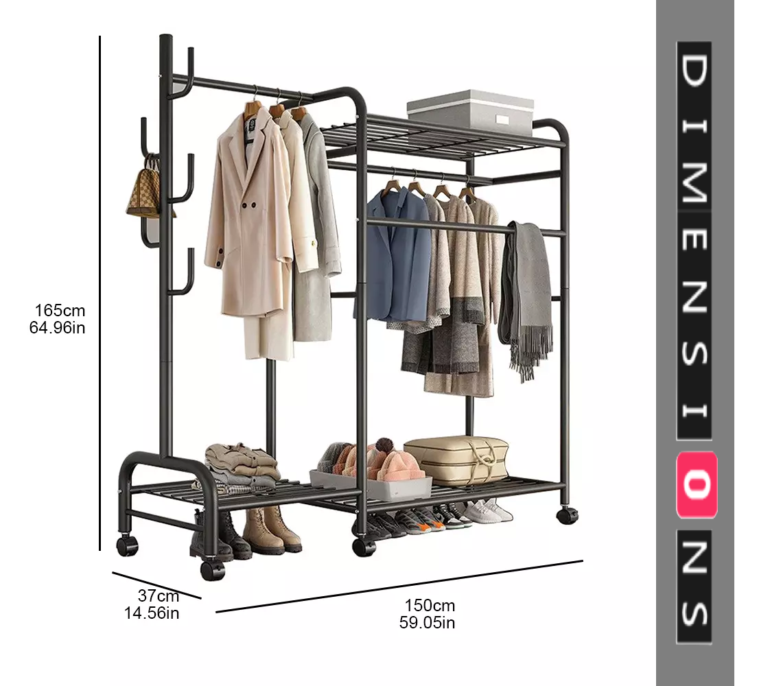 Heavy Duty Double Clothes Rail Rack with Wheels & Storage Shelves