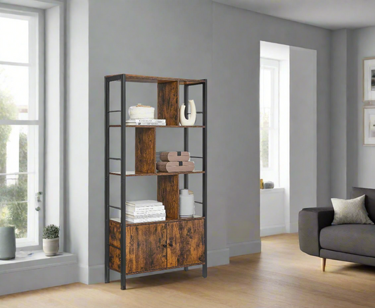 Industrial 4-Tier Bookcase with Doors
