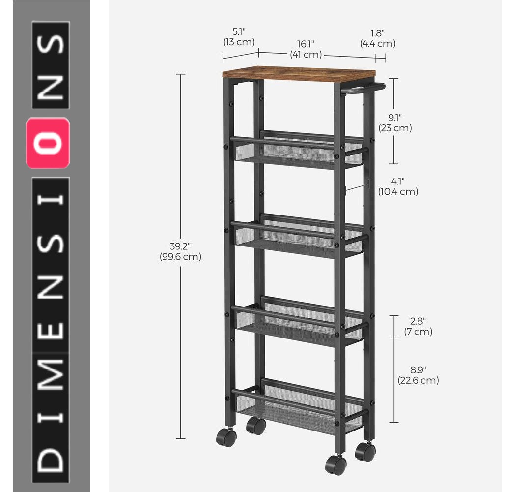 5-Tier Slim Rolling Trolley – Space-Saving Kitchen & Bathroom Storage Cart with Castors