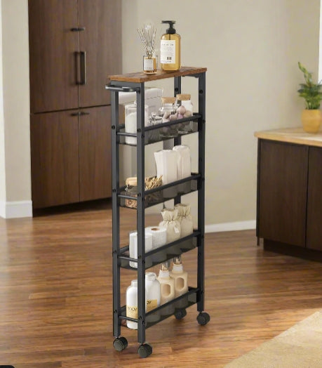 5-Tier Slim Rolling Trolley – Space-Saving Kitchen & Bathroom Storage Cart with Castors