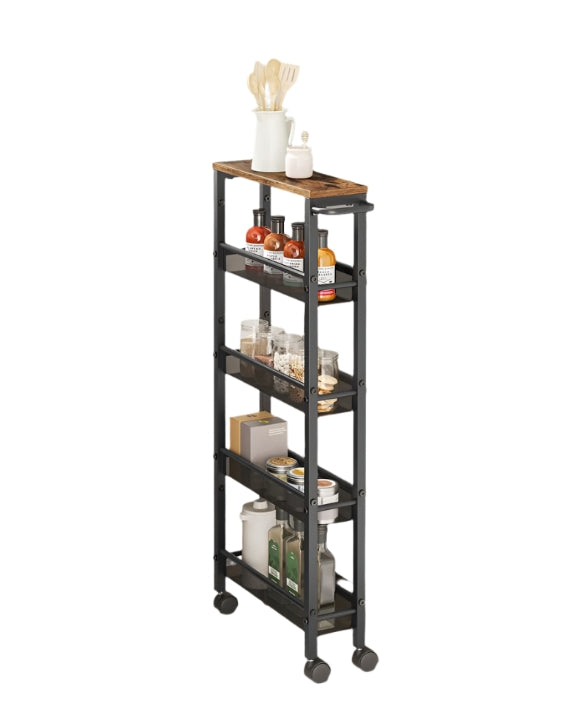 5-Tier Slim Rolling Trolley – Space-Saving Kitchen & Bathroom Storage Cart with Castors