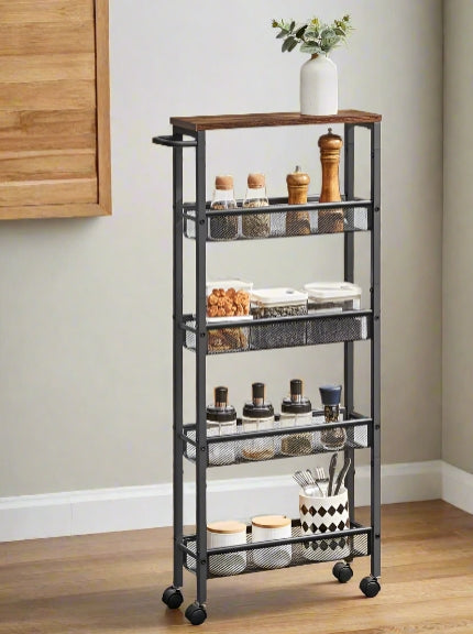 5-Tier Slim Rolling Trolley – Space-Saving Kitchen & Bathroom Storage Cart with Castors
