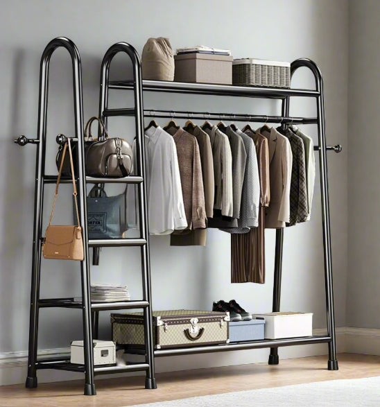 Heavy duty double clothes rail rack with metal frame and storage shelves