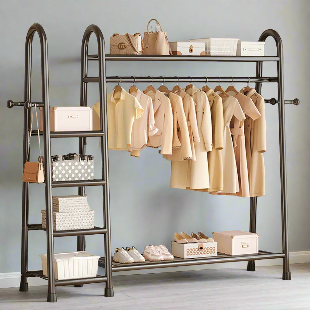 Heavy Duty Double Clothes Rail Rack with Bottom Storage Shelves & Hooks