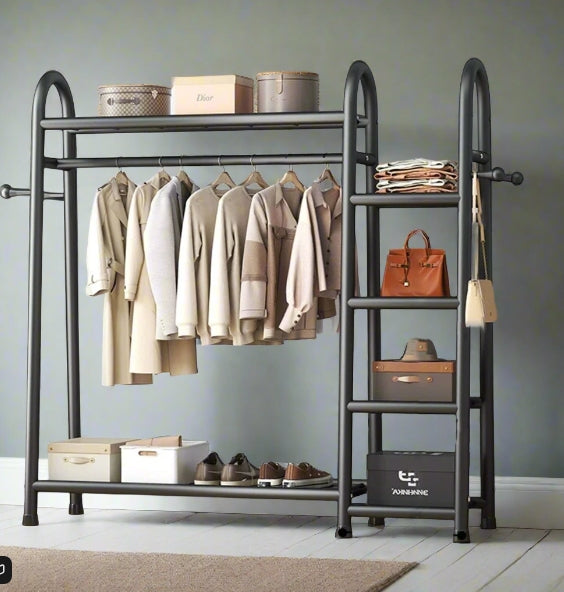 Heavy Duty Double Clothes Rail Rack with Bottom Storage Shelves & Hooks