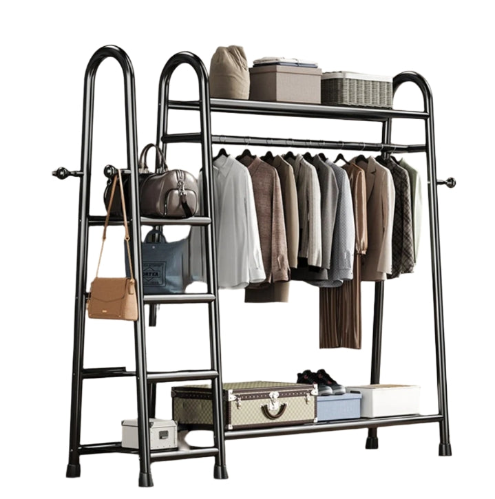 Heavy Duty Double Clothes Rail Rack with Bottom Storage Shelves & Hooks