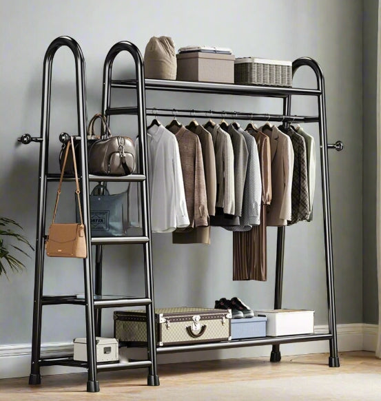 Heavy duty double clothes rail rack with metal frame and storage shelves