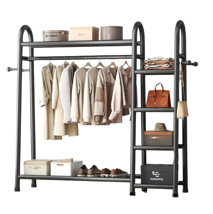 Heavy Duty Double Clothes Rail Rack with Bottom Storage Shelves & Hooks
