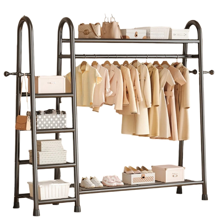 Heavy Duty Double Clothes Rail Rack with Bottom Storage Shelves & Hooks