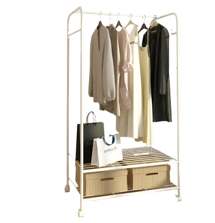 Slim White Metal Clothes Rail Garment Rack with Storage Shelves, Hooks & Rolling Wheels