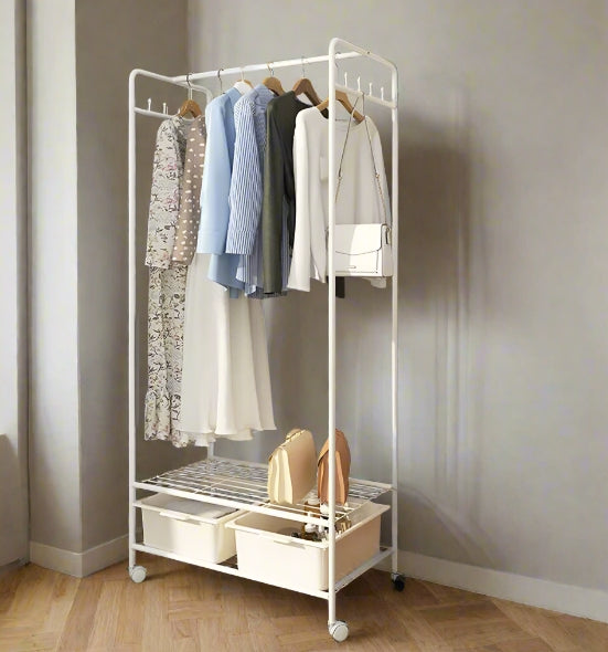 Slim White Metal Clothes Rail Garment Rack with Storage Shelves, Hooks & Rolling Wheels
