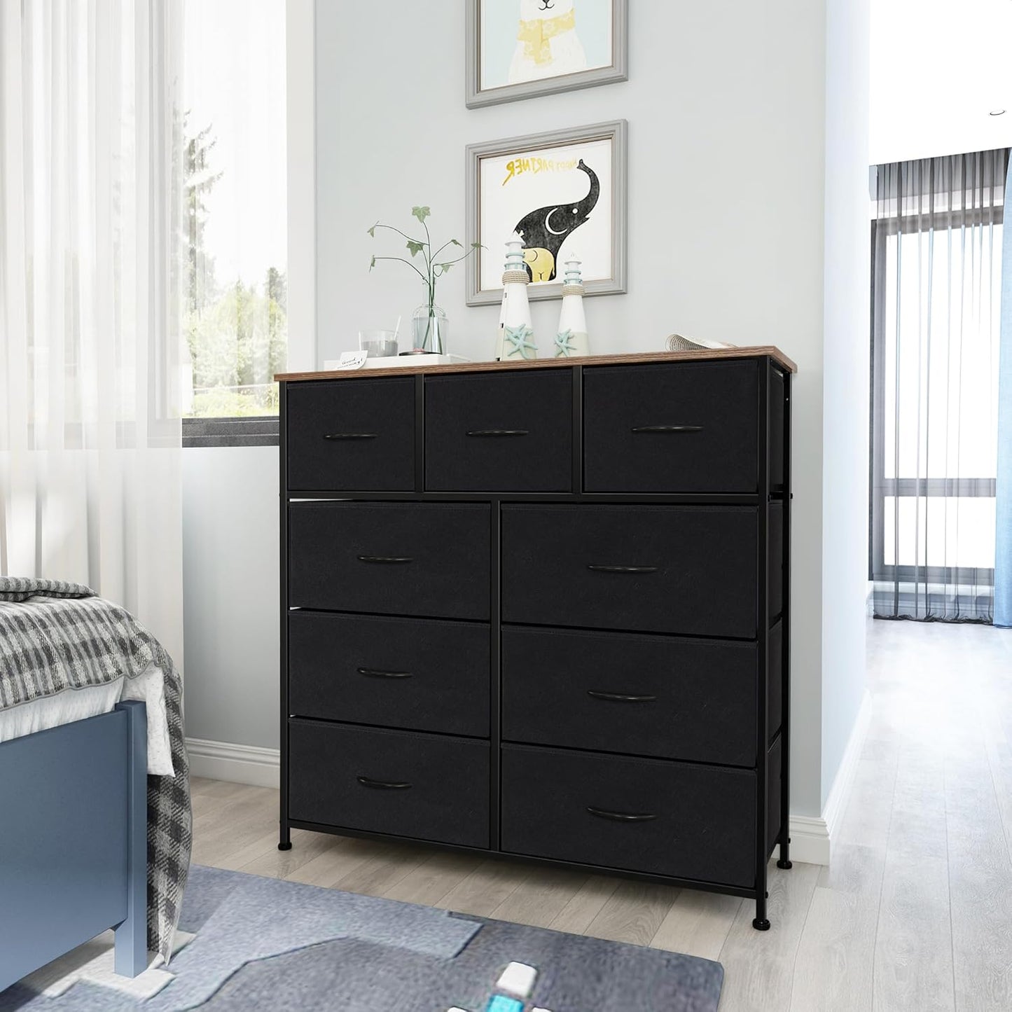 Black Chest of Drawers with 9 Fabric Drawers