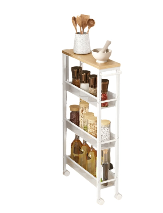 Slim 4-Tier Kitchen Storage Trolley with Wheels – Oak & White, Narrow Rolling Cart for Small Spaces