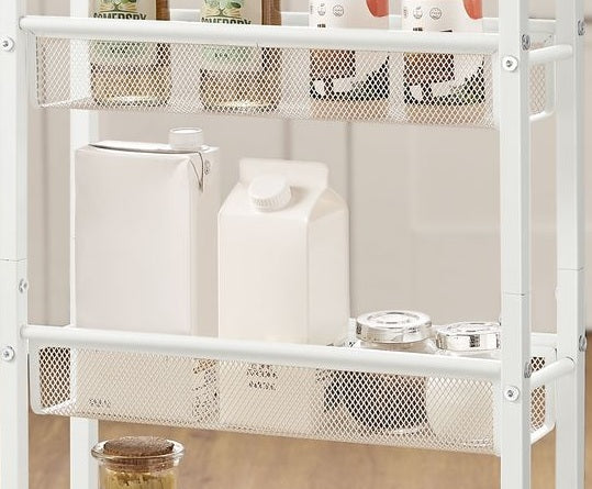 Slim 4-Tier Kitchen Storage Trolley with Wheels – Oak & White, Narrow Rolling Cart for Small Spaces