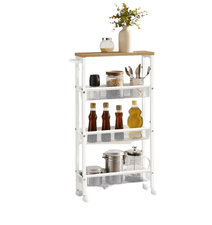 Slim 4-Tier Kitchen Storage Trolley with Wheels – Oak & White, Narrow Rolling Cart for Small Spaces