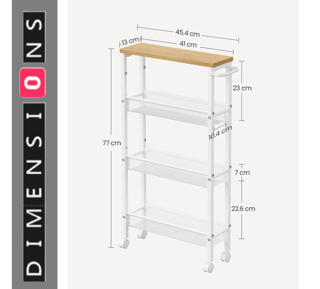 Slim 4-Tier Kitchen Storage Trolley with Wheels – Oak & White, Narrow Rolling Cart for Small Spaces
